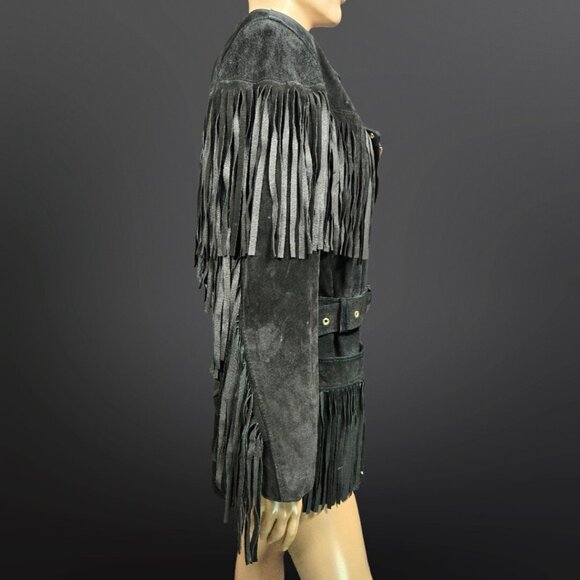 Vintage 90s Black Fringed Seuede Leather Jacket Belted Size M Boho Western Biker - Picture 10 of 12